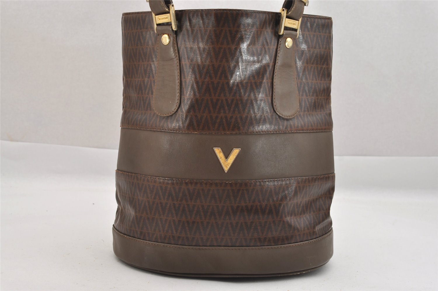 Authentic MARIO VALENTINO V Logo Shoulder Tote Bag Purse PVC Leather Brown 3944K