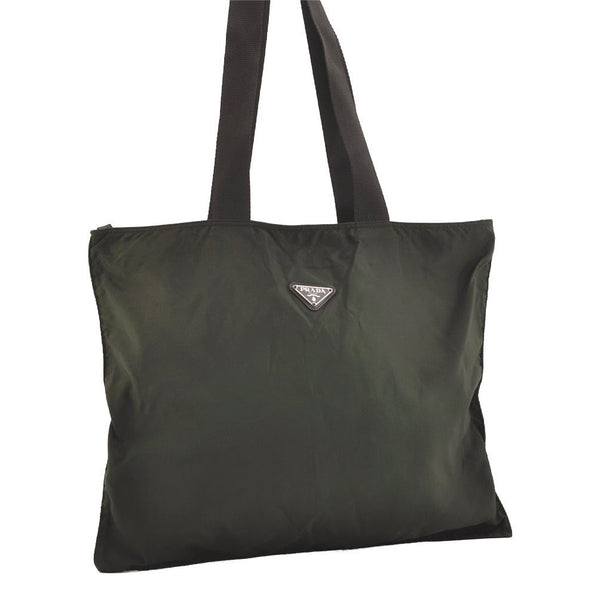 Authentic PRADA Vintage Nylon Tessuto Leather Shoulder Tote Bag Green 3948J