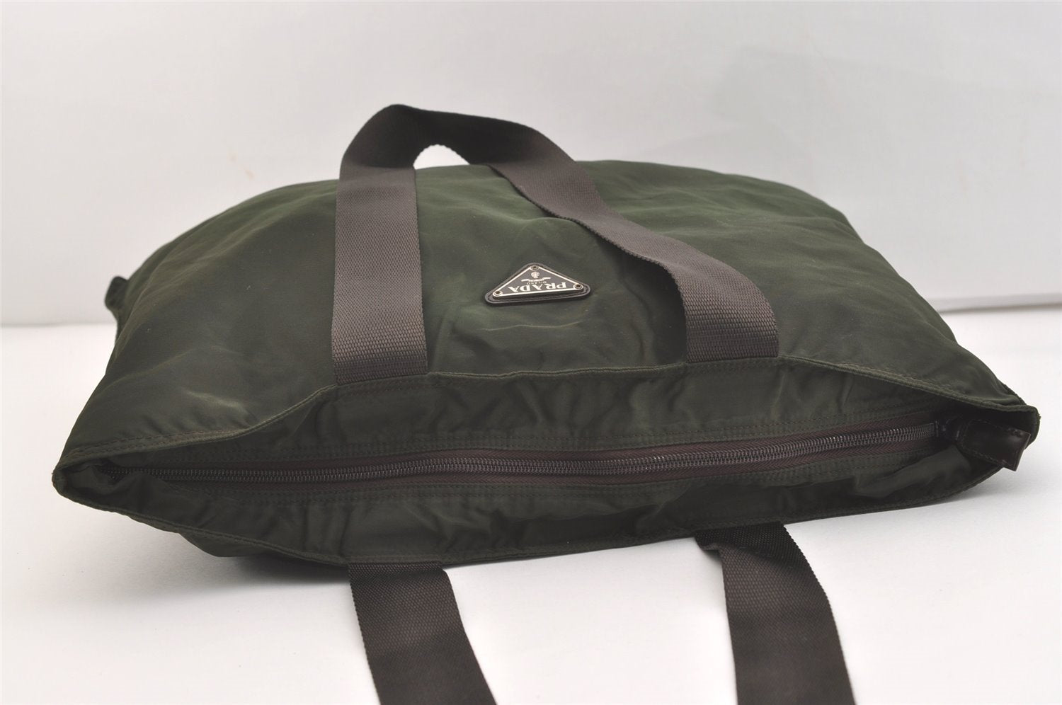 Authentic PRADA Vintage Nylon Tessuto Leather Shoulder Tote Bag Green 3948J
