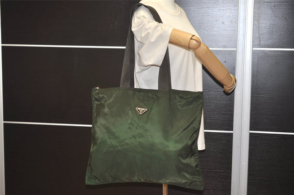 Authentic PRADA Vintage Nylon Tessuto Leather Shoulder Tote Bag Green 3948J