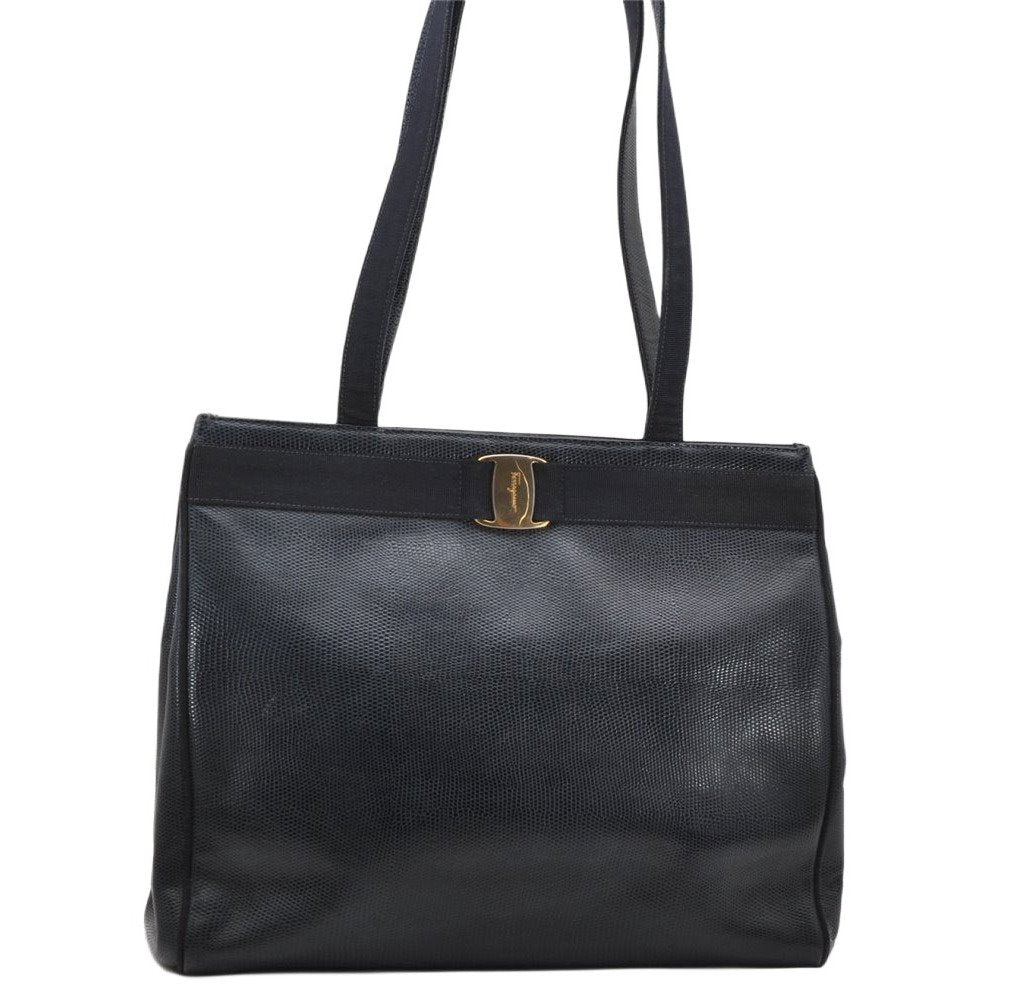 Authentic Salvatore Ferragamo Vara Leather Shoulder Tote Bag Navy Blue SF 3953K