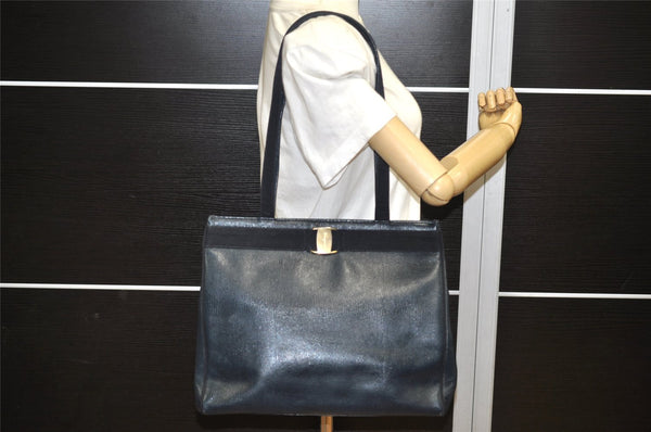Authentic Salvatore Ferragamo Vara Leather Shoulder Tote Bag Navy Blue SF 3953K