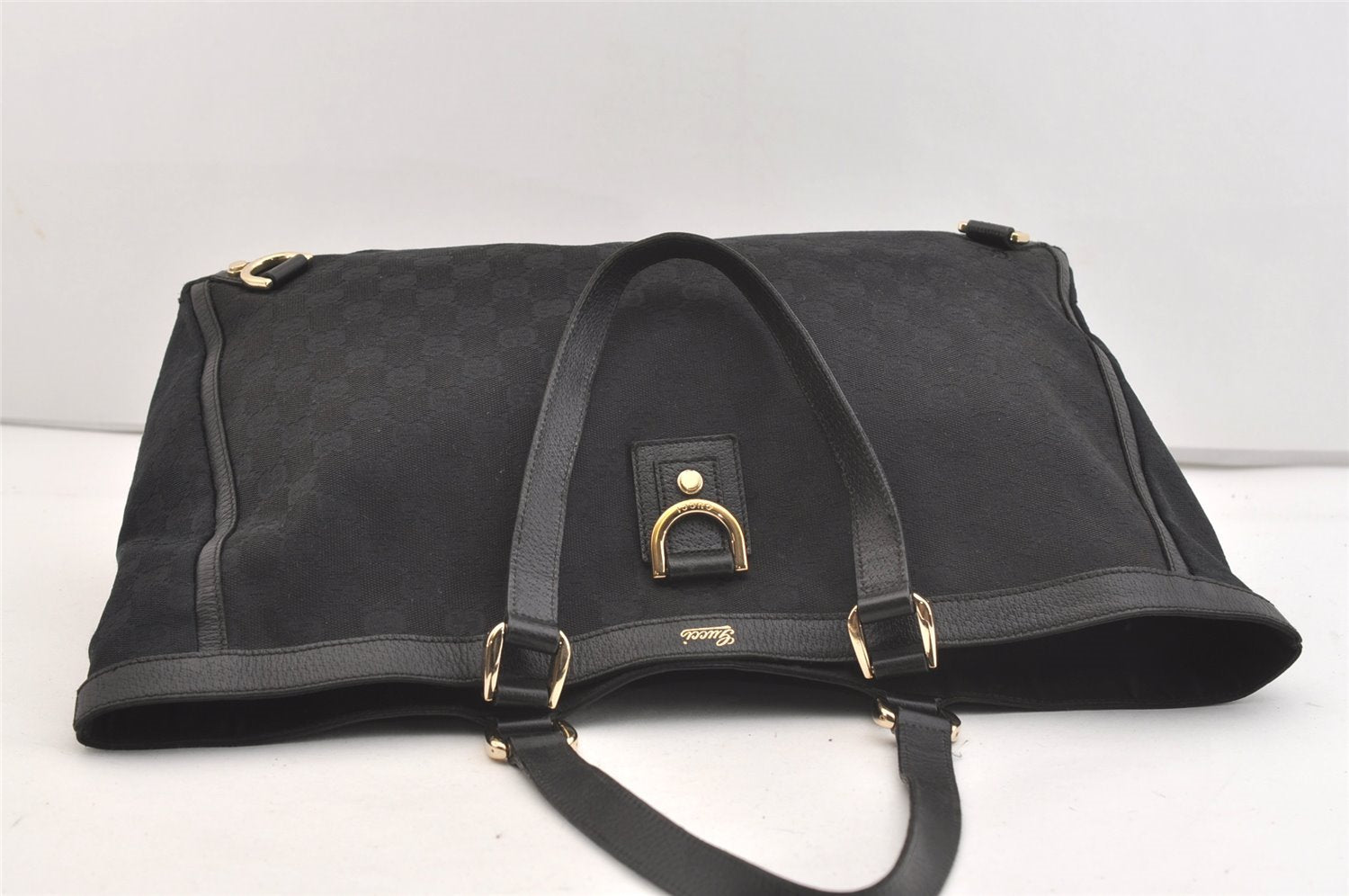 Authentic GUCCI Abbey Shoulder Tote Bag GG Canvas Leather 141472 Black 3957J