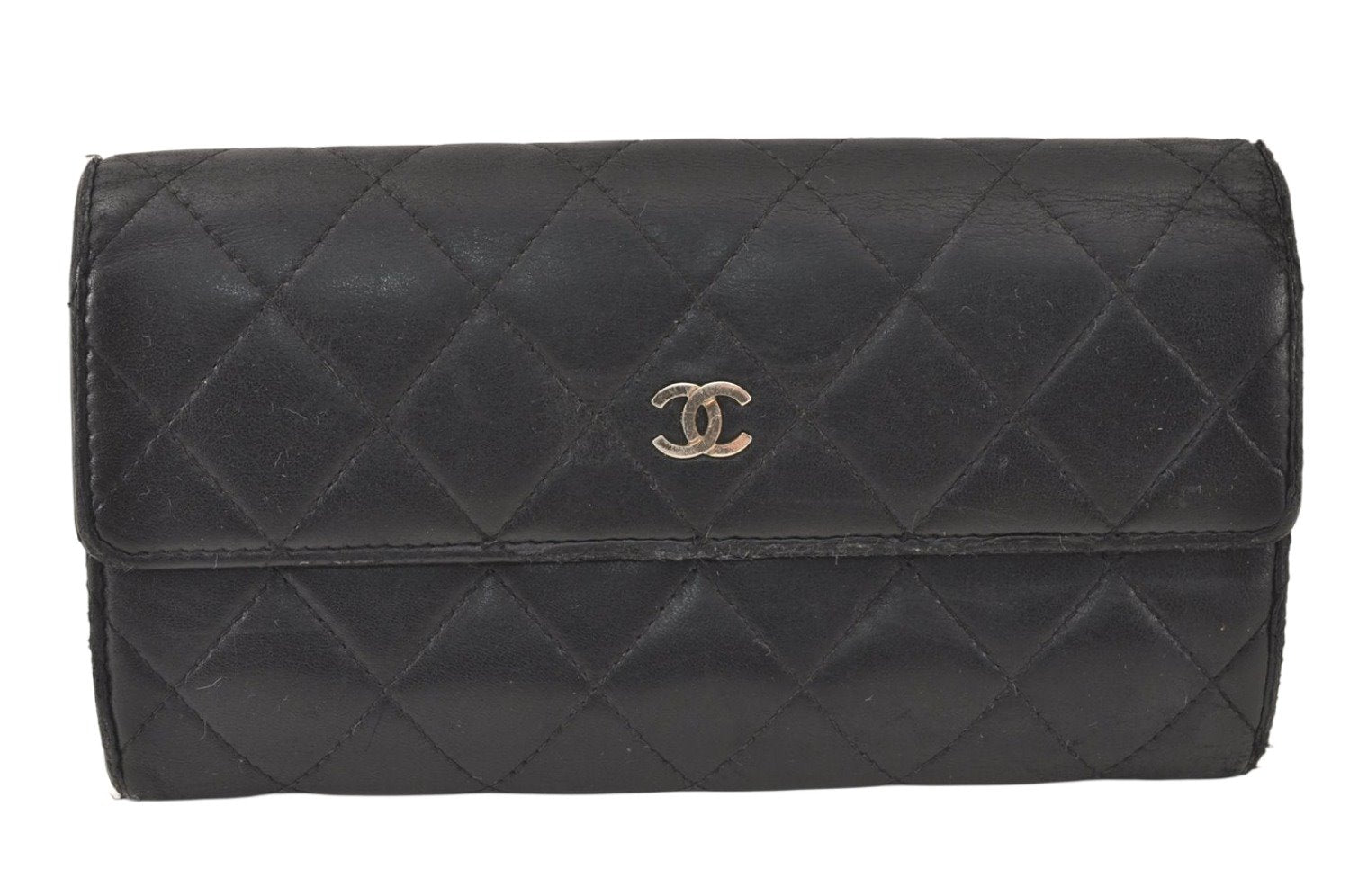 Authentic CHANEL Lamb Skin Matelasse Long Wallet Purse Black CC Junk 3958K