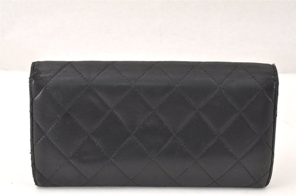 Authentic CHANEL Lamb Skin Matelasse Long Wallet Purse Black CC Junk 3958K