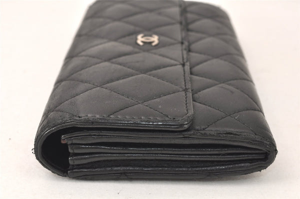 Authentic CHANEL Lamb Skin Matelasse Long Wallet Purse Black CC Junk 3958K