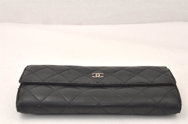 Authentic CHANEL Lamb Skin Matelasse Long Wallet Purse Black CC Junk 3958K