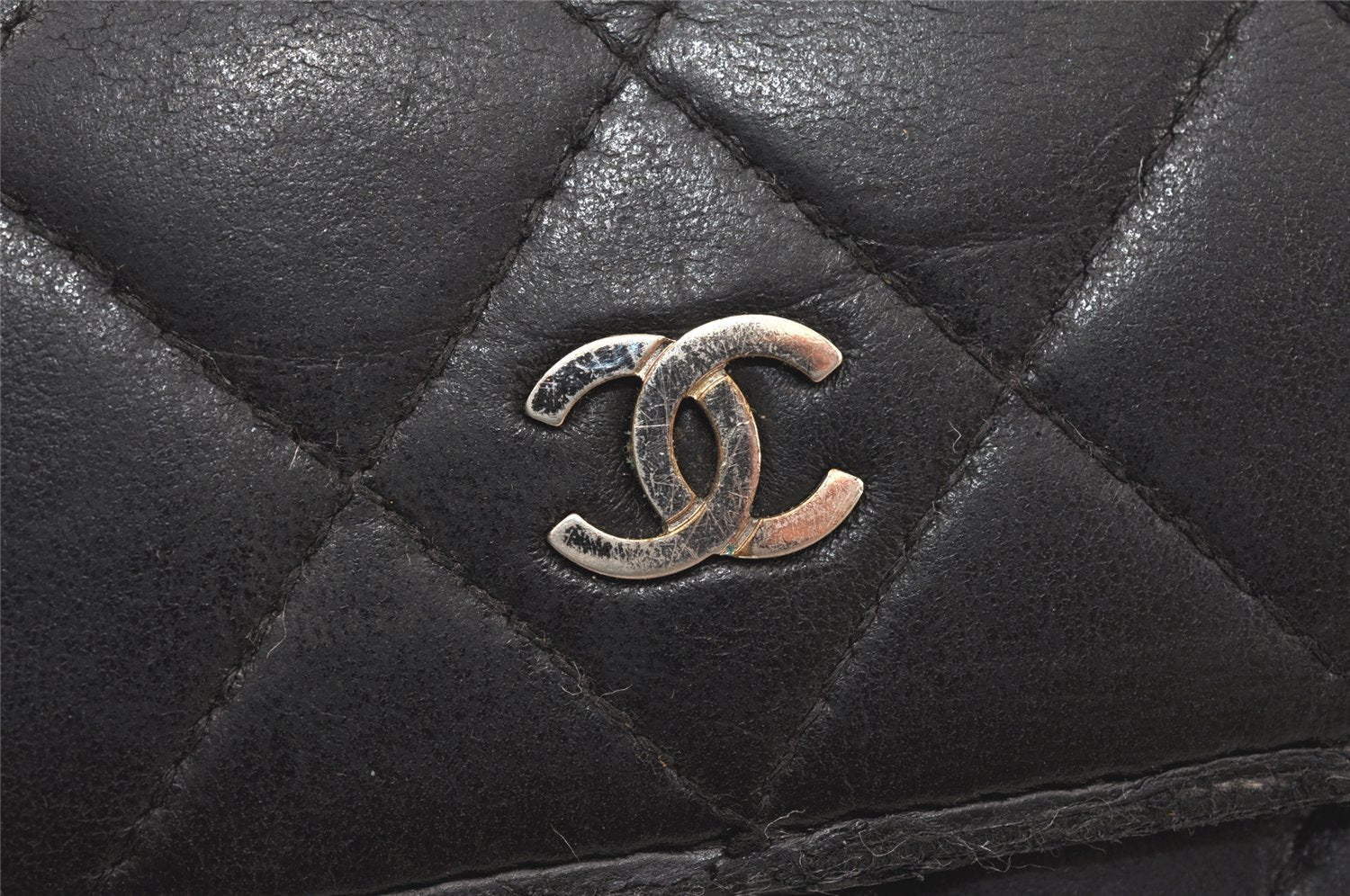 Authentic CHANEL Lamb Skin Matelasse Long Wallet Purse Black CC Junk 3958K