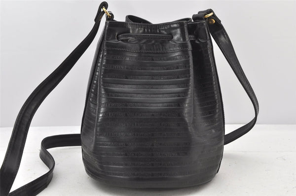 Authentic MARIO VALENTINO Drawstring Shoulder Bag Purse Leather Black 3959K