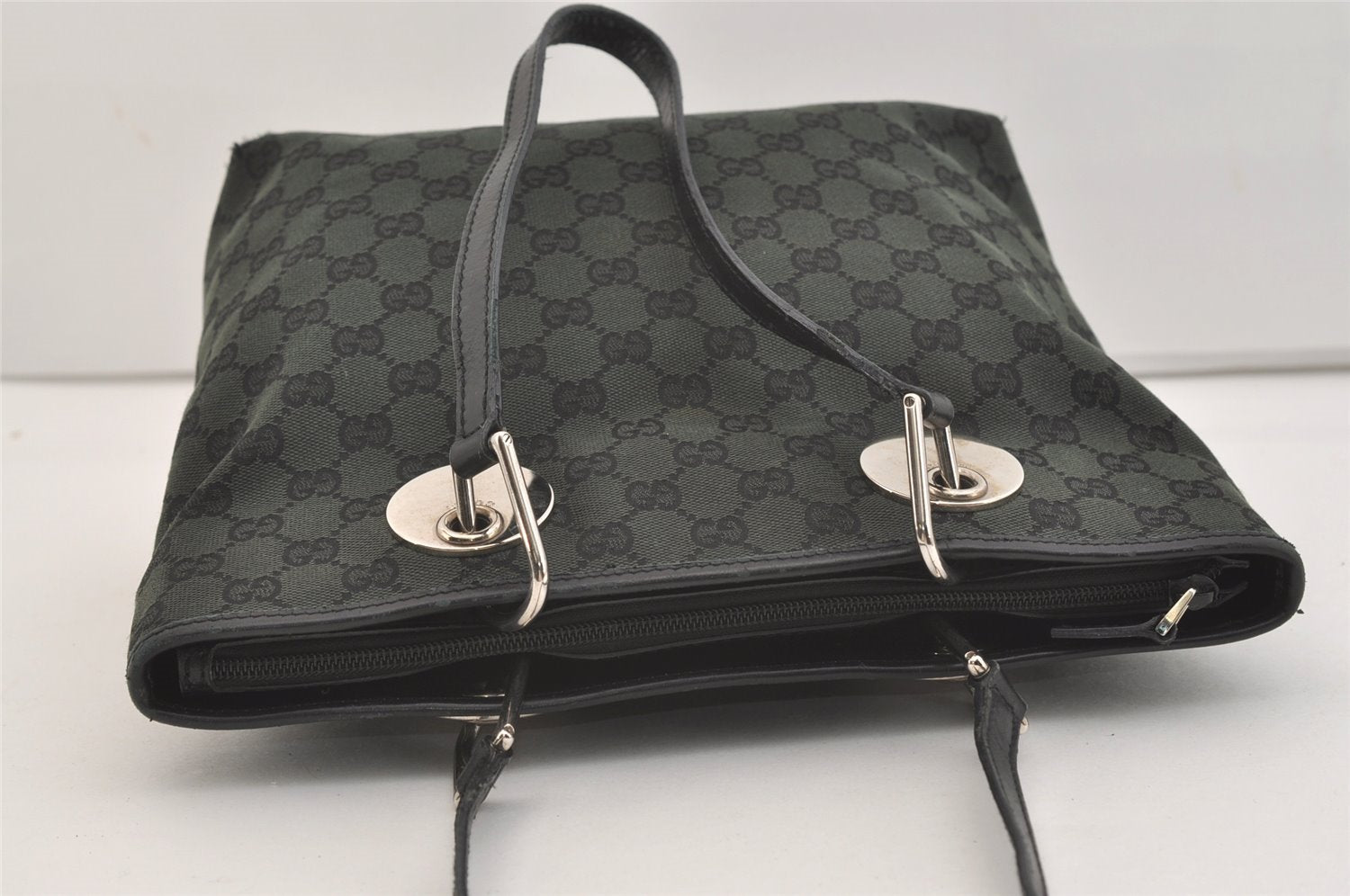 Authentic GUCCI Eclipse Shoulder Tote Bag GG Canvas Leather 285585 Green 3961J