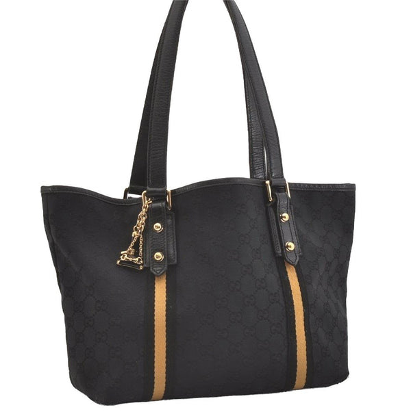 Authentic GUCCI Sherry Line Shoulder Tote Bag GG Canvas Leather Black 3966J
