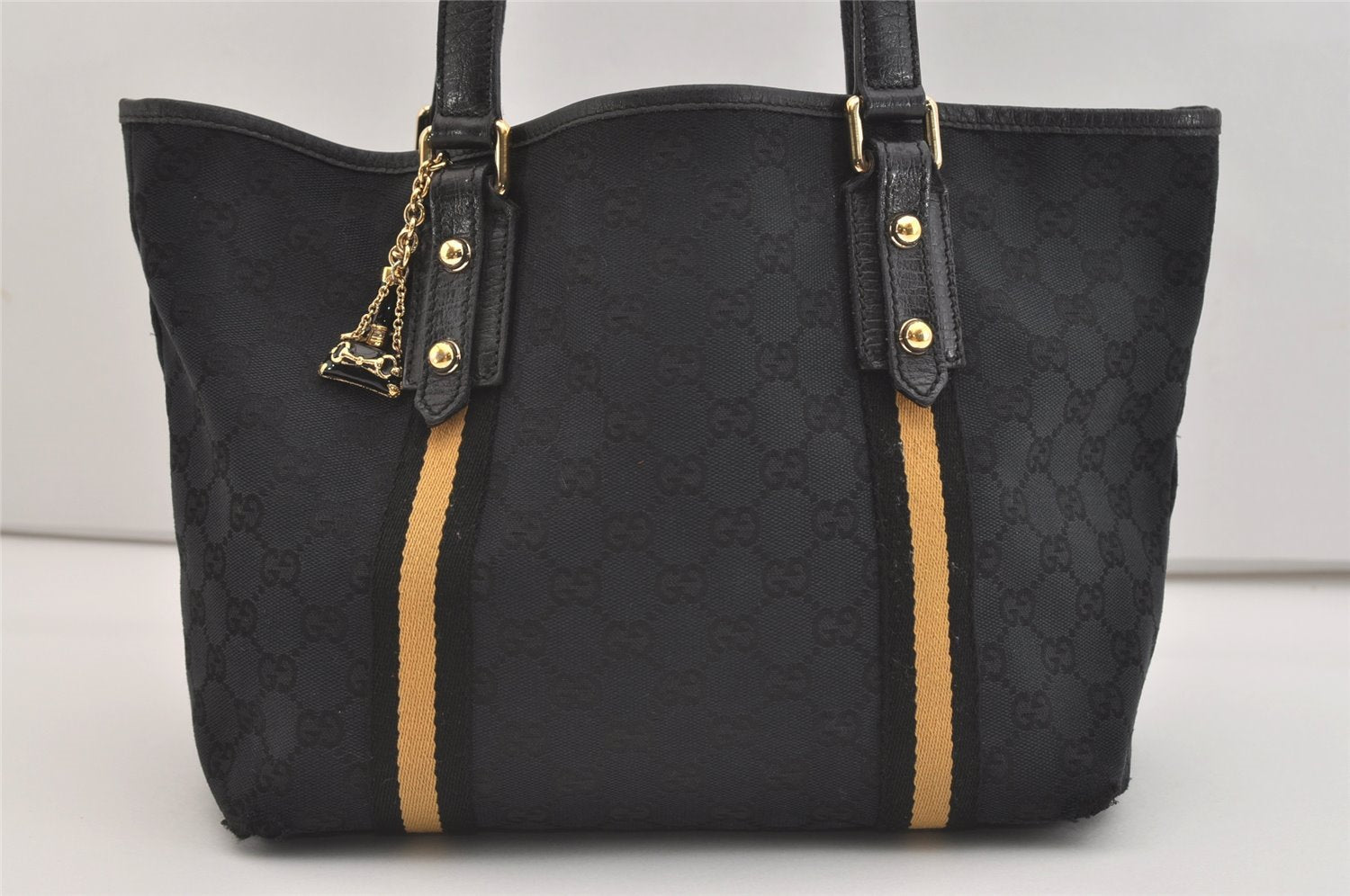 Authentic GUCCI Sherry Line Shoulder Tote Bag GG Canvas Leather Black 3966J
