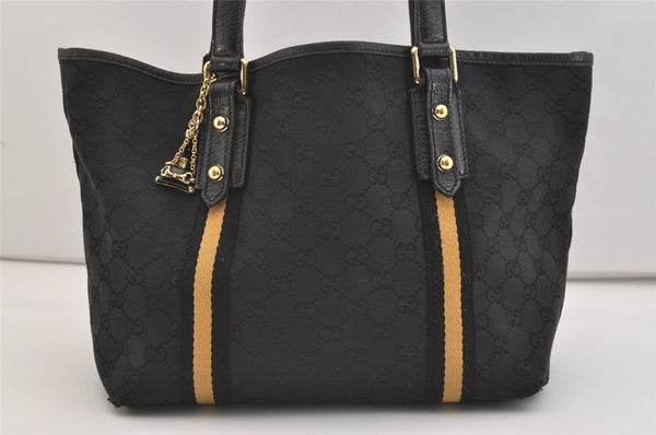 Authentic GUCCI Sherry Line Shoulder Tote Bag GG Canvas Leather Black 3966J