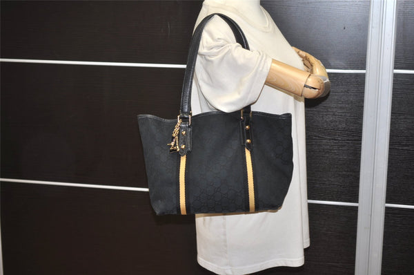 Authentic GUCCI Sherry Line Shoulder Tote Bag GG Canvas Leather Black 3966J