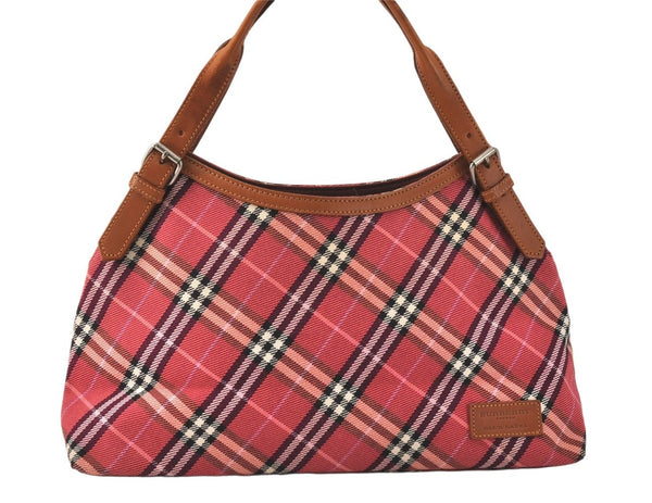 Authentic BURBERRY BLUE LABEL Check Shoulder Tote Bag Canvas Leather Red 3966K