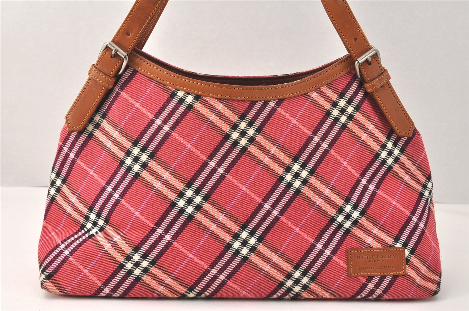 Authentic BURBERRY BLUE LABEL Check Shoulder Tote Bag Canvas Leather Red 3966K