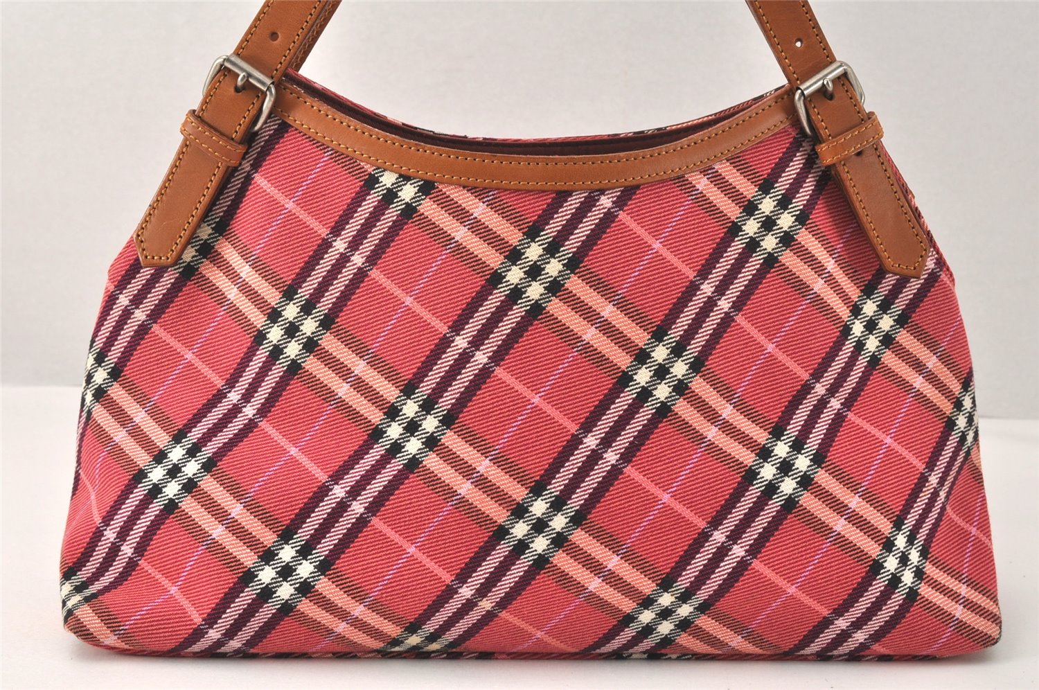 Authentic BURBERRY BLUE LABEL Check Shoulder Tote Bag Canvas Leather Red 3966K