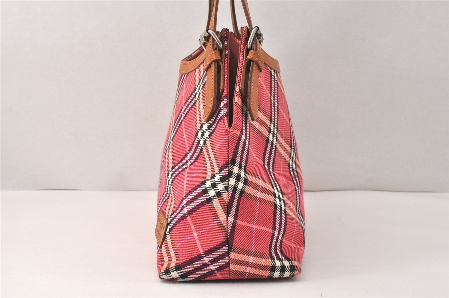 Authentic BURBERRY BLUE LABEL Check Shoulder Tote Bag Canvas Leather Red 3966K