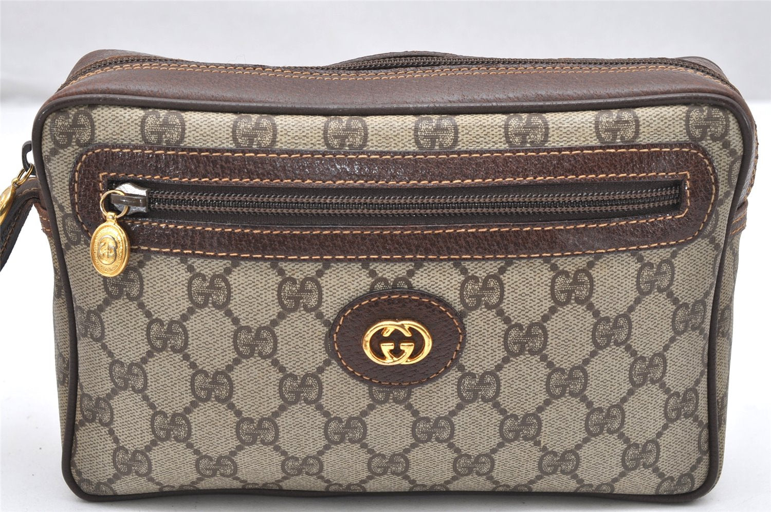 Authentic GUCCI Vintage Clutch Hand Bag Purse GG PVC Leather Brown Junk 3968K