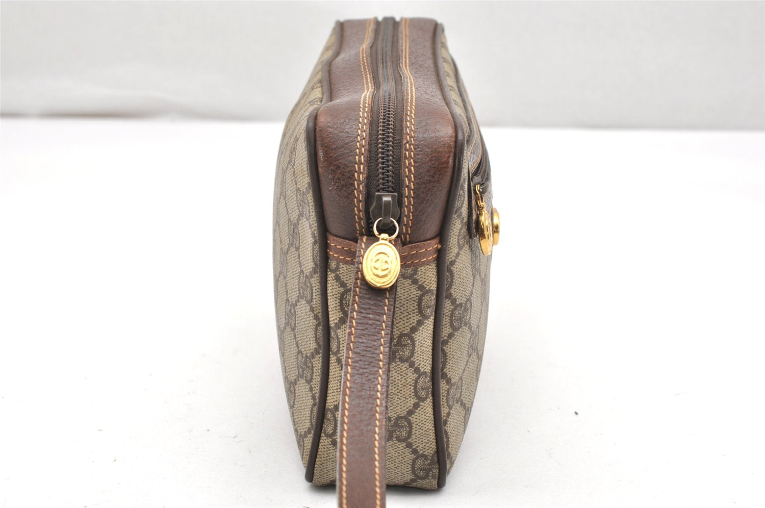 Authentic GUCCI Vintage Clutch Hand Bag Purse GG PVC Leather Brown Junk 3968K
