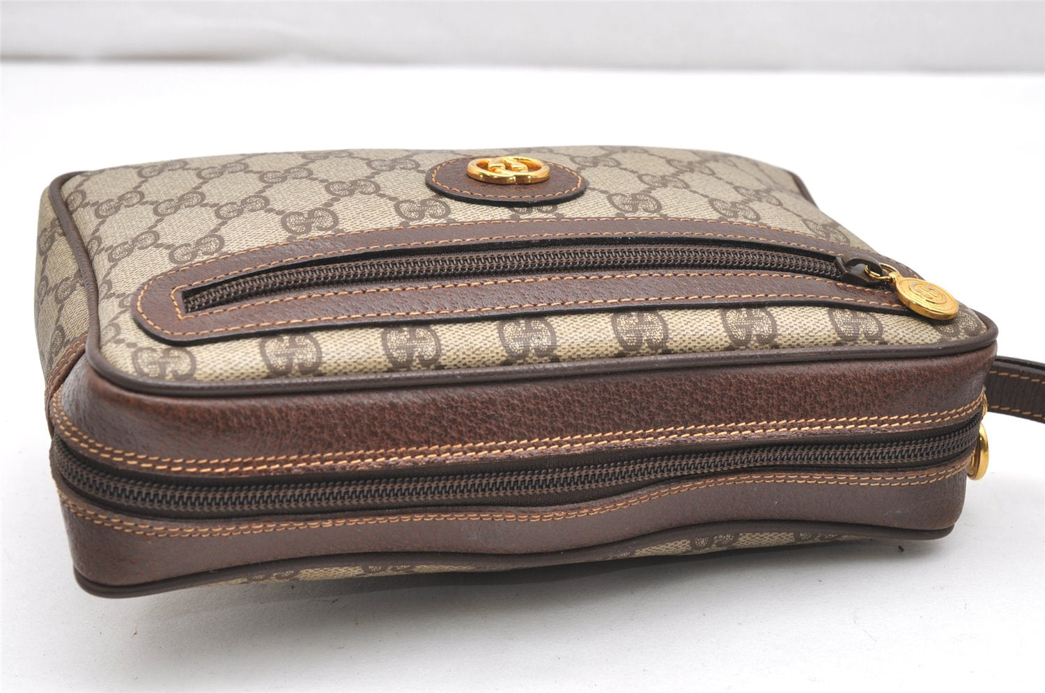 Authentic GUCCI Vintage Clutch Hand Bag Purse GG PVC Leather Brown Junk 3968K