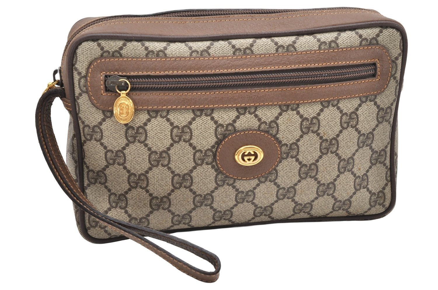 Authentic GUCCI Vintage Clutch Hand Bag Purse GG PVC Leather Brown 3969K