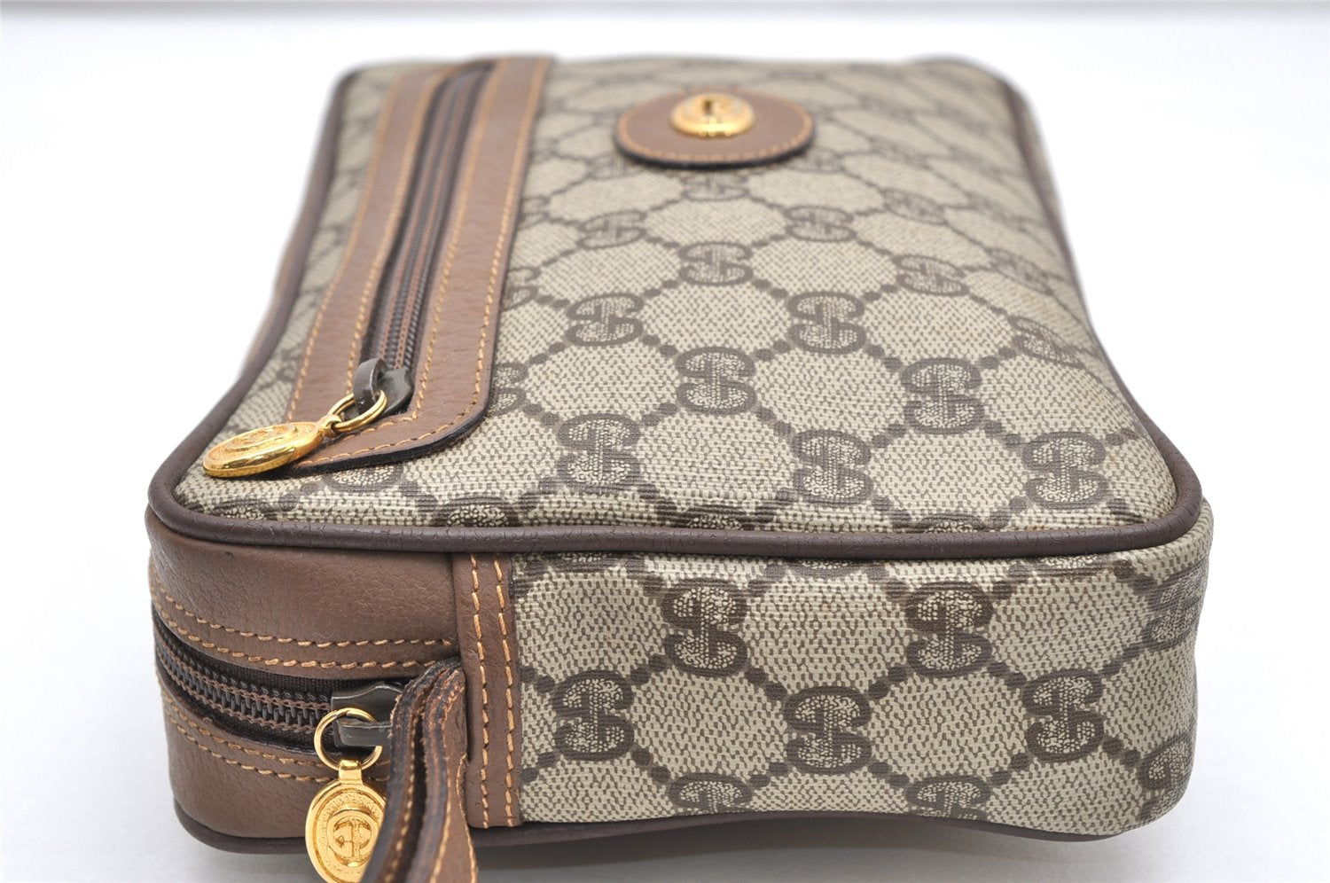 Authentic GUCCI Vintage Clutch Hand Bag Purse GG PVC Leather Brown 3969K