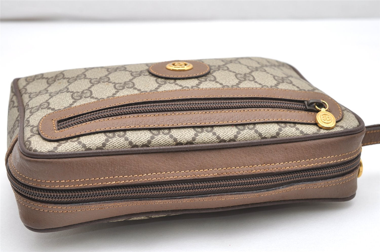 Authentic GUCCI Vintage Clutch Hand Bag Purse GG PVC Leather Brown 3969K
