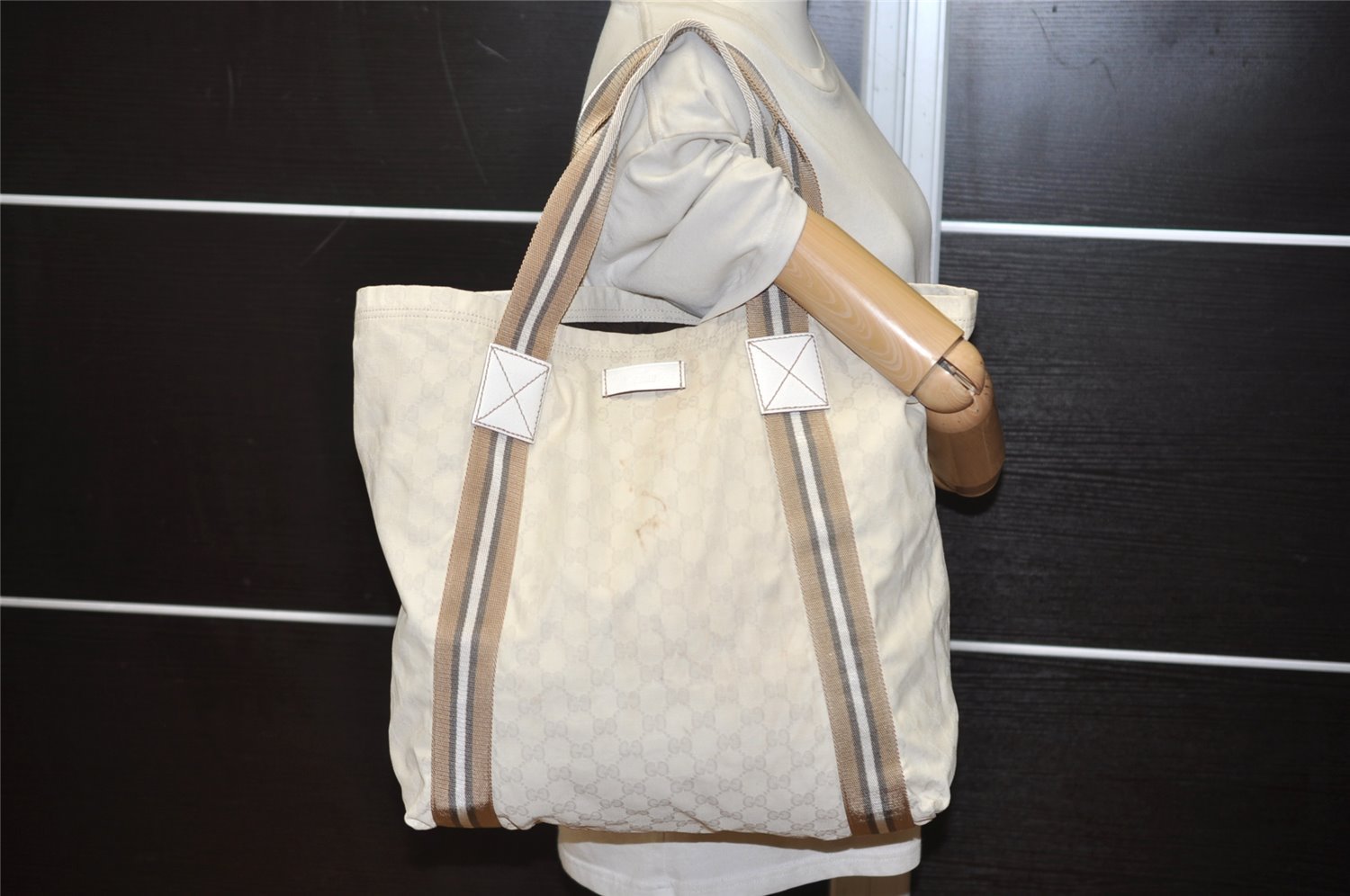 Authentic GUCCI Vintage Shoulder Tote Bag GG Canvas Leather 189669 White 3970J