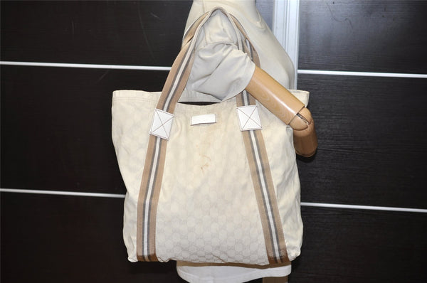 Authentic GUCCI Vintage Shoulder Tote Bag GG Canvas Leather 189669 White 3970J
