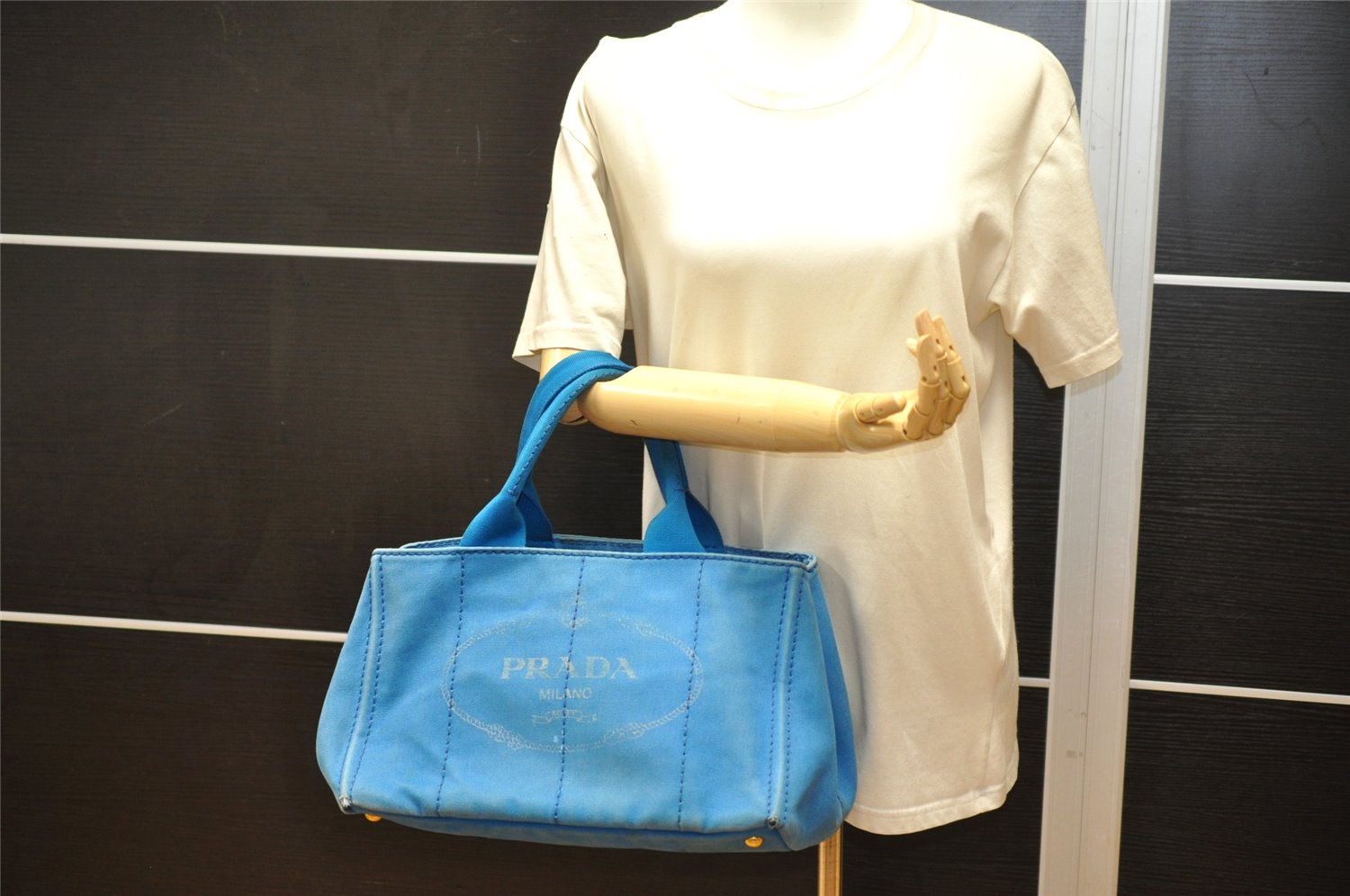 Authentic PRADA Canapa M Canvas Tote Hand Bag Blue 3970K