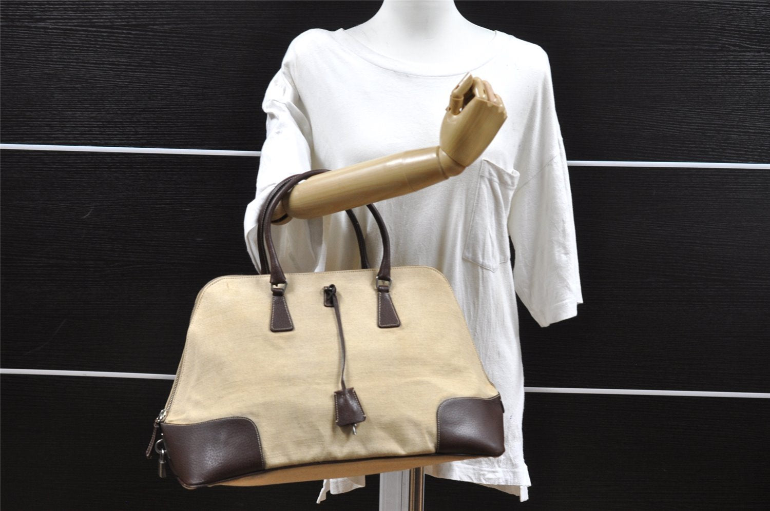 Authentic PRADA Vintage Canvas Leather Tote Hand Bag Beige 3973I