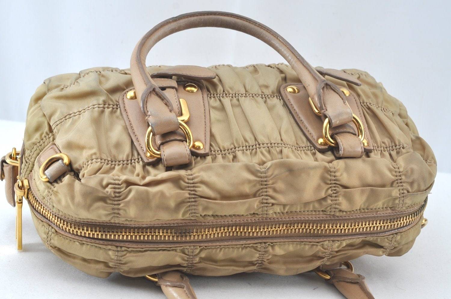 Authentic PRADA Tessuto Gaufre Nylon Leather 2Way Shoulder Hand Bag Beige 3973J
