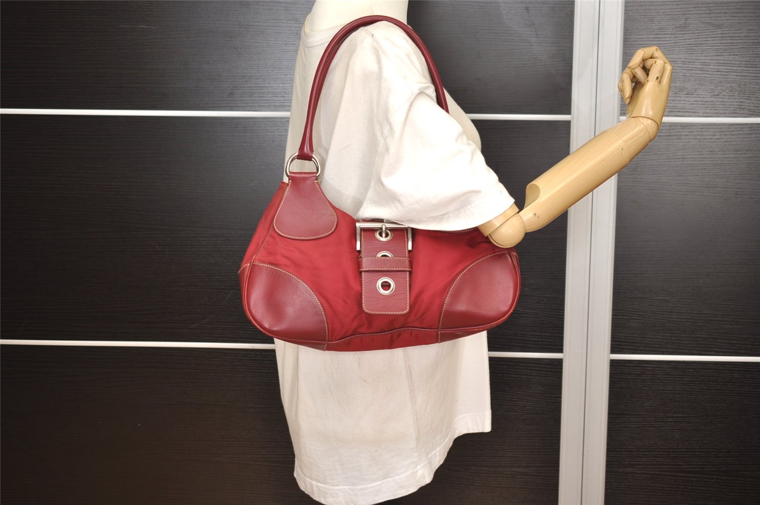 Authentic PRADA Vintage Nylon Tessuto Leather Shoulder Hand Bag Red 3974J