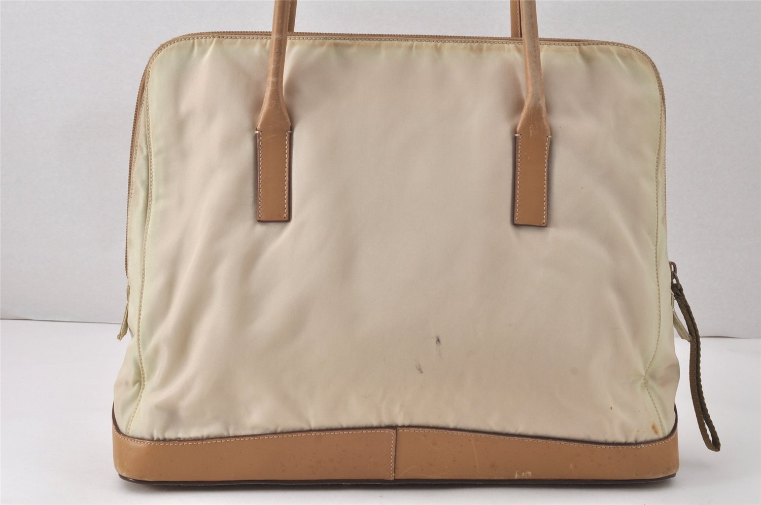 Authentic PRADA Vintage Nylon Tessuto Leather Shoulder Tote Bag Beige 3976K