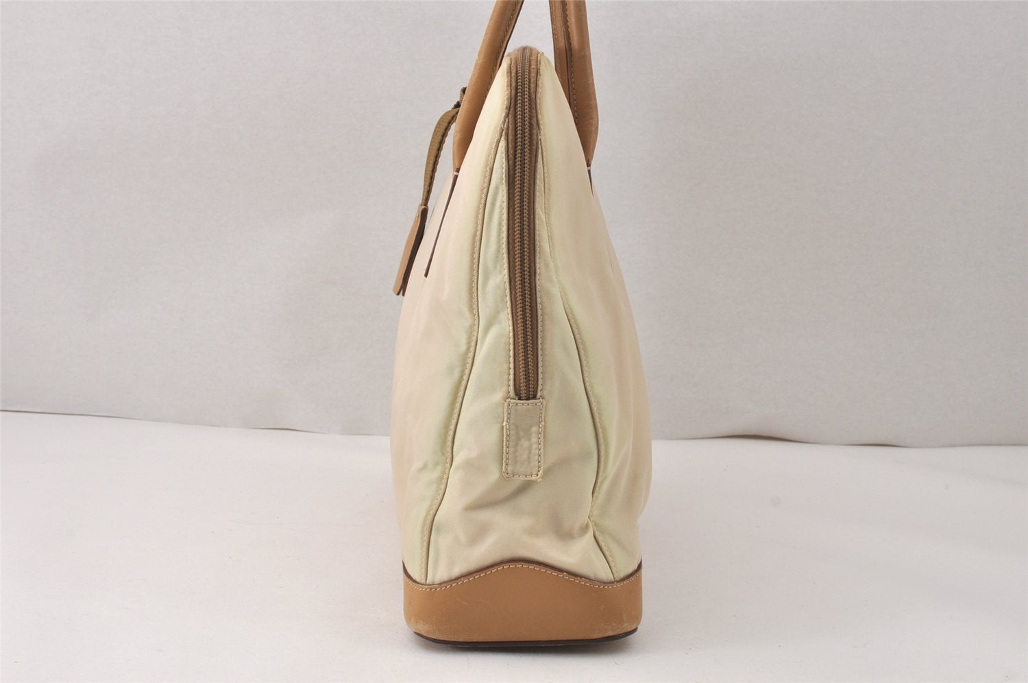 Authentic PRADA Vintage Nylon Tessuto Leather Shoulder Tote Bag Beige 3976K