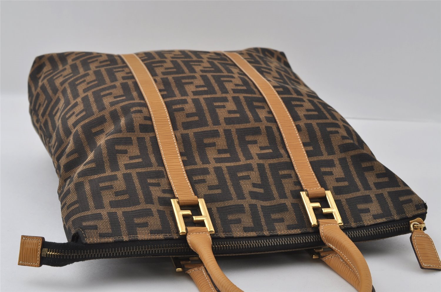 Authentic FENDI Vintage Zucca Hand Tote Bag Canvas Leather Brown 3978I