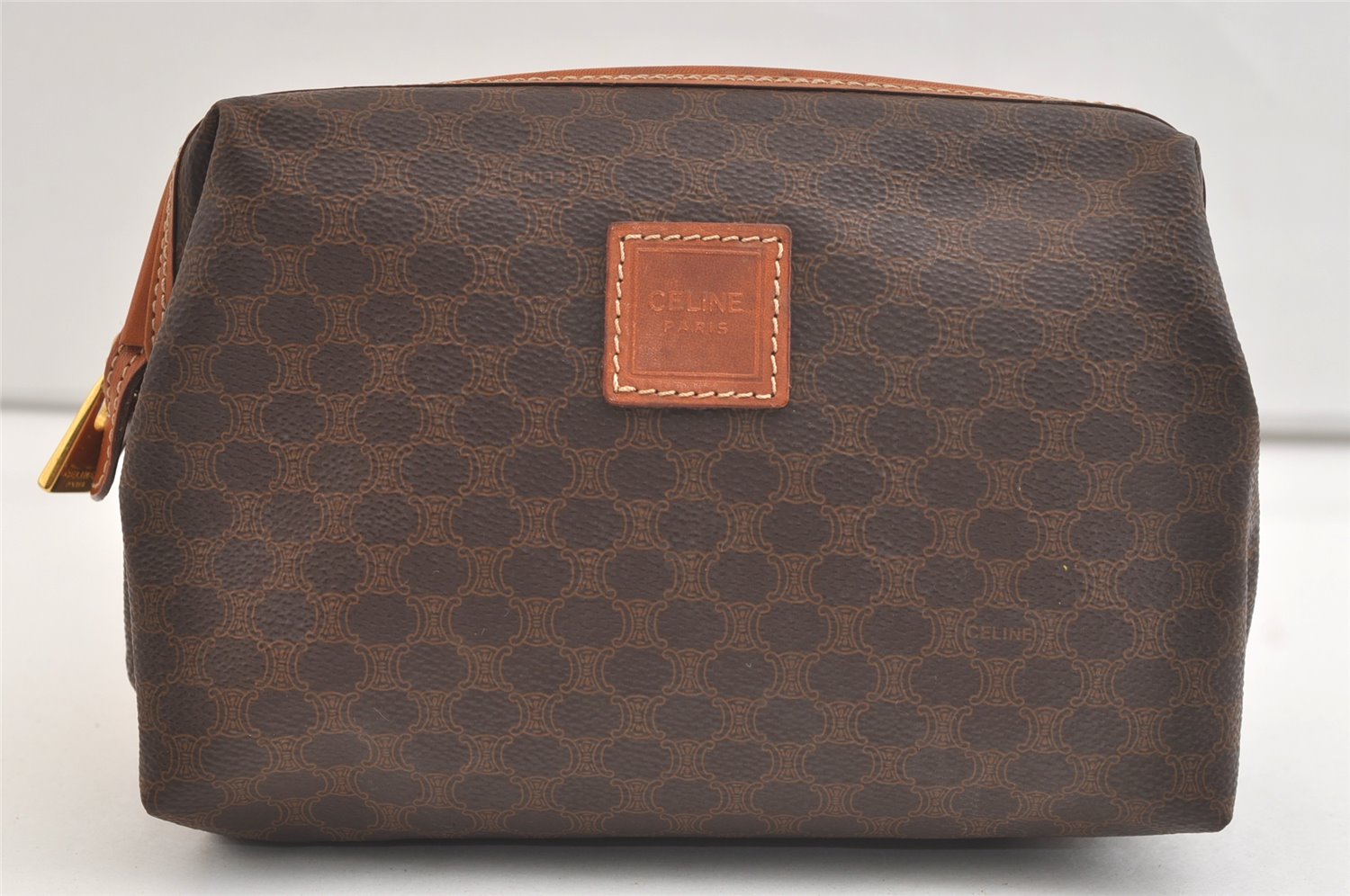 Authentic CELINE Macadam Blason Pattern Pouch Purse PVC Leather Brown 3979K