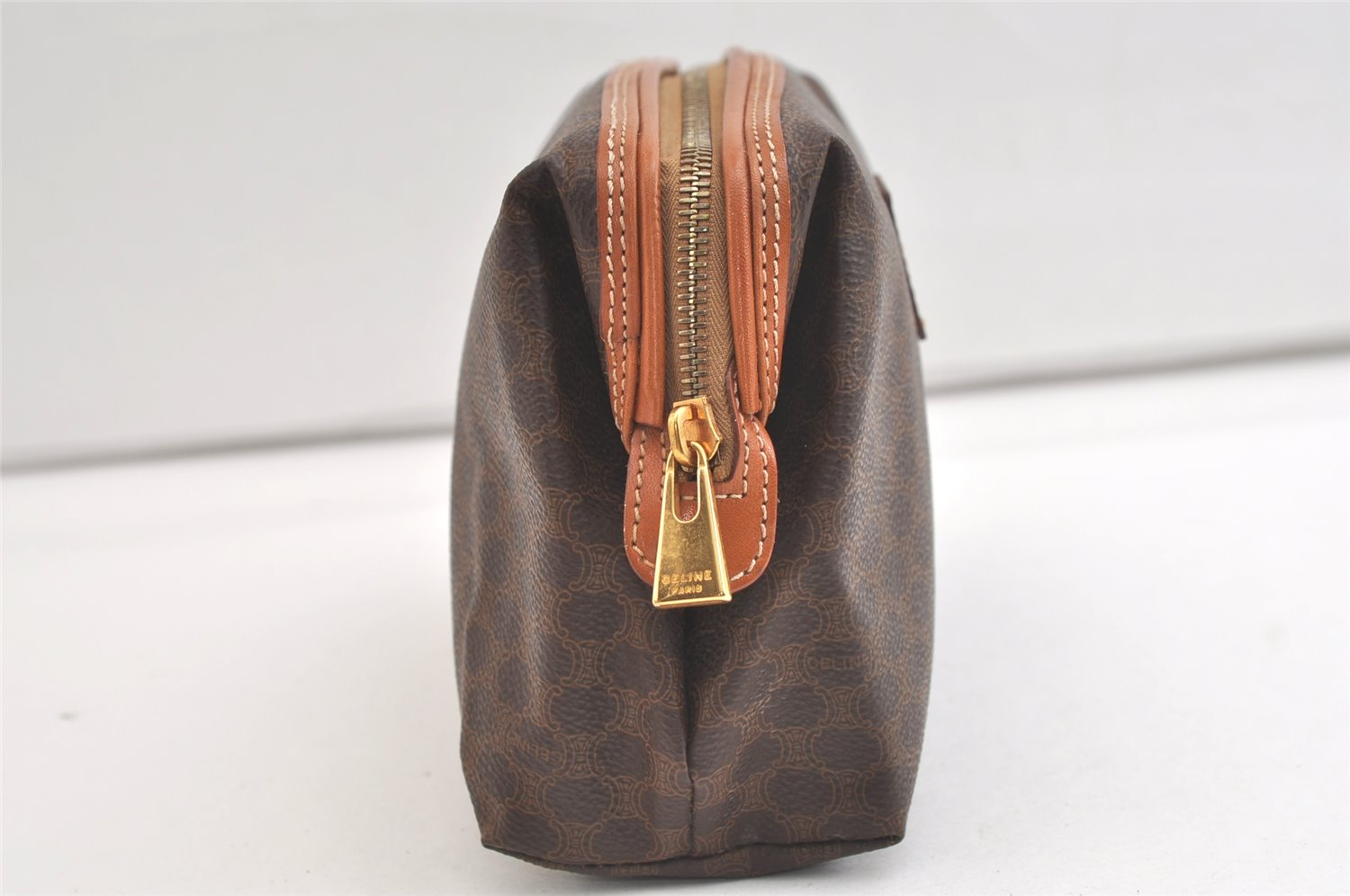 Authentic CELINE Macadam Blason Pattern Pouch Purse PVC Leather Brown 3979K