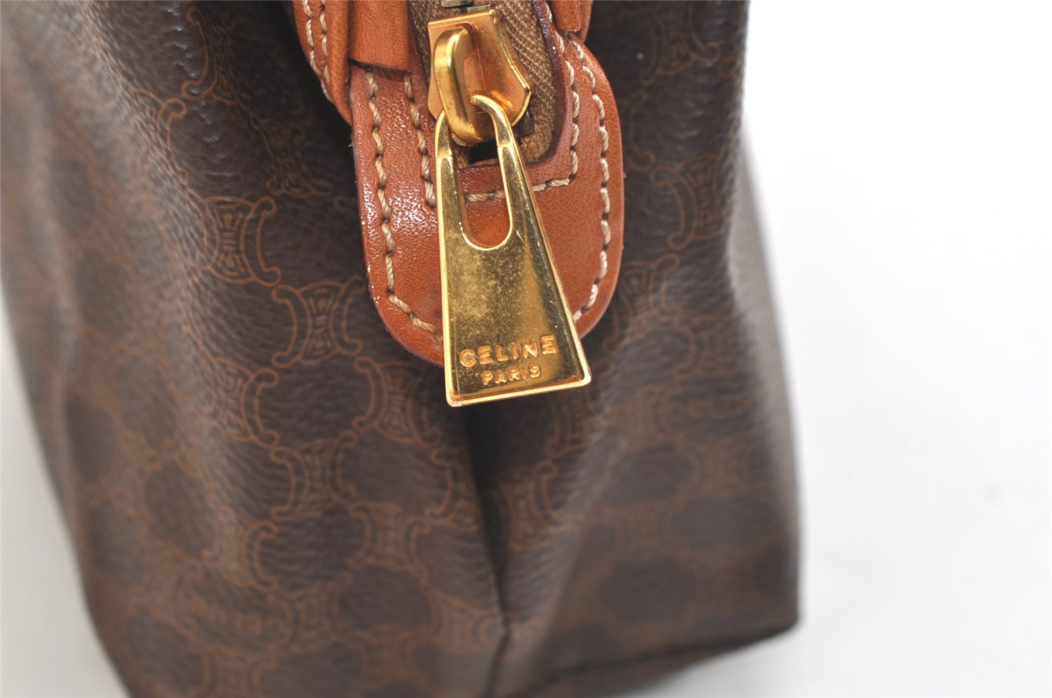 Authentic CELINE Macadam Blason Pattern Pouch Purse PVC Leather Brown 3979K