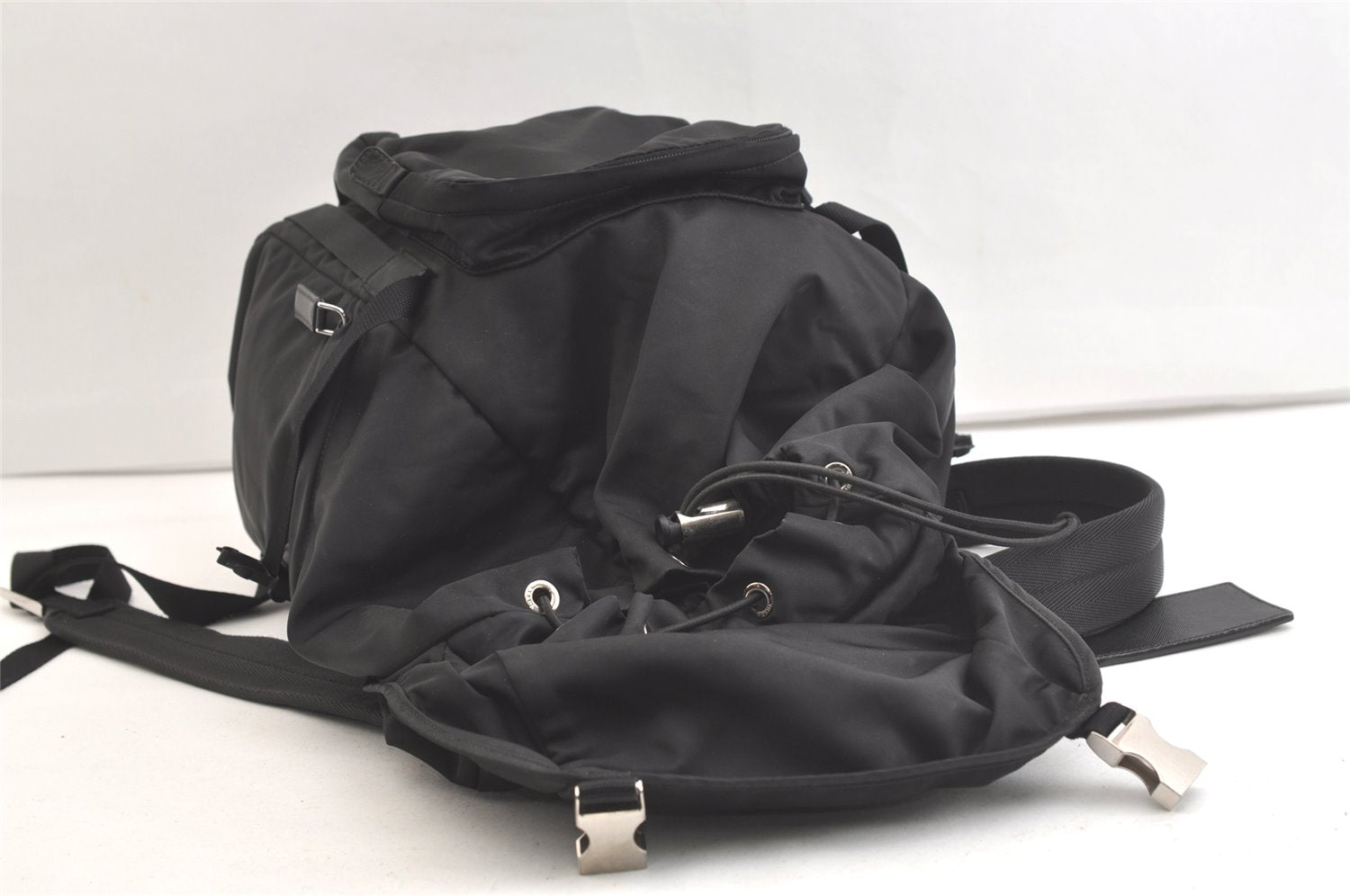 Authentic PRADA Vintage Nylon Tessuto Leather Drawstring Backpack Black 3981K