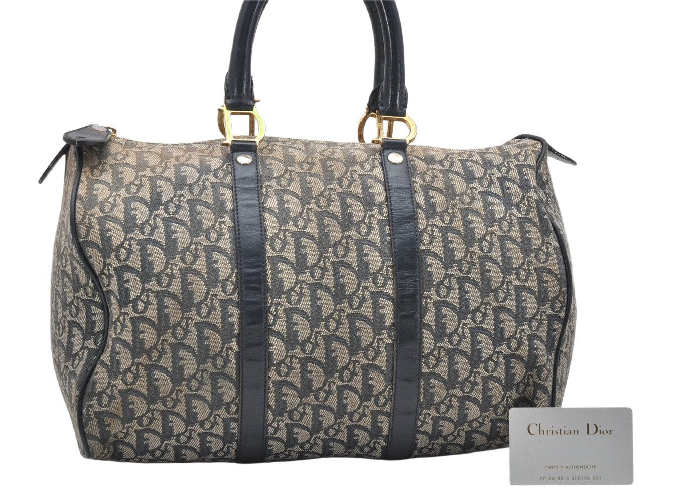 Authentic Christian Dior Trotter Hand Boston Bag Canvas Leather Blue Junk 3983K
