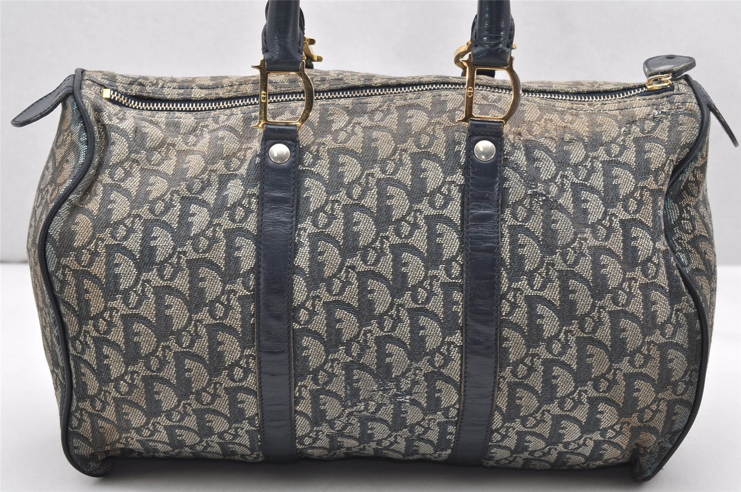 Authentic Christian Dior Trotter Hand Boston Bag Canvas Leather Blue Junk 3983K