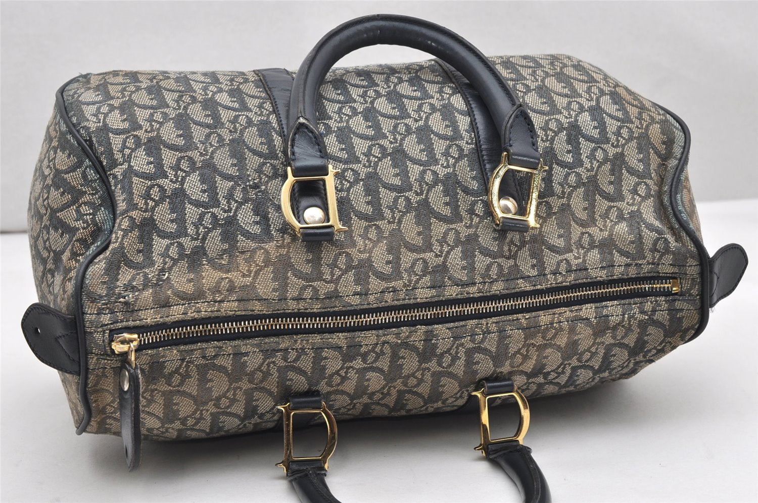 Authentic Christian Dior Trotter Hand Boston Bag Canvas Leather Blue Junk 3983K