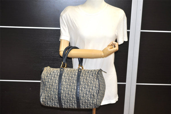 Authentic Christian Dior Trotter Hand Boston Bag Canvas Leather Blue Junk 3983K