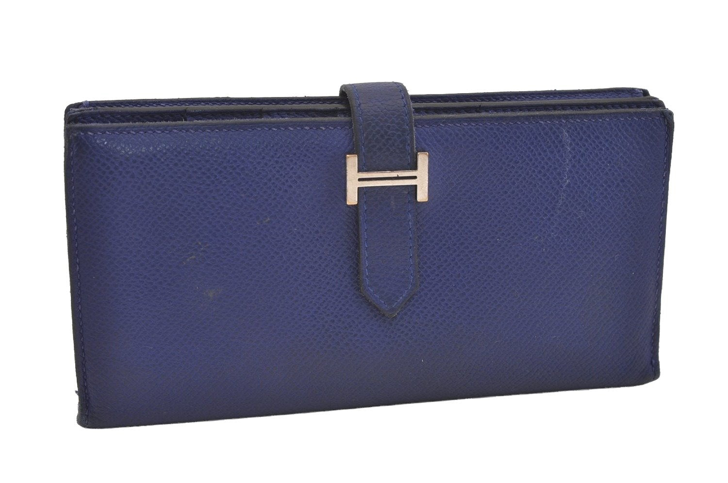 Authentic HERMES Bearn Soufflet Vintage Leather Long Wallet Purse Blue 3991J