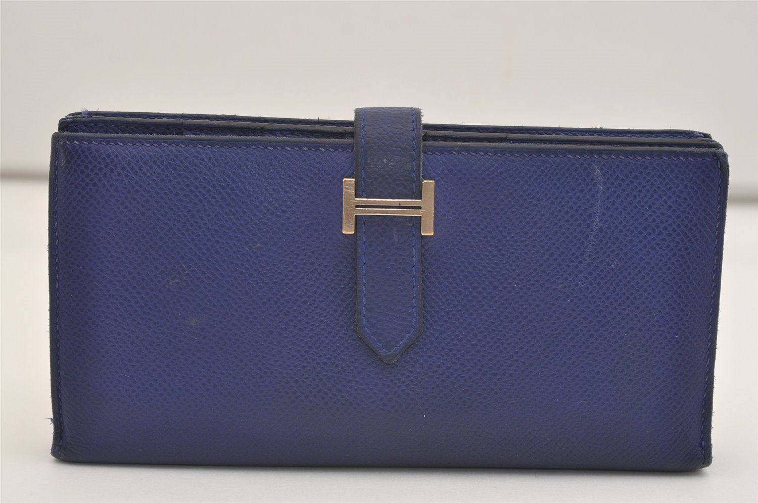 Authentic HERMES Bearn Soufflet Vintage Leather Long Wallet Purse Blue 3991J