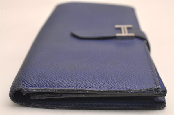 Authentic HERMES Bearn Soufflet Vintage Leather Long Wallet Purse Blue 3991J