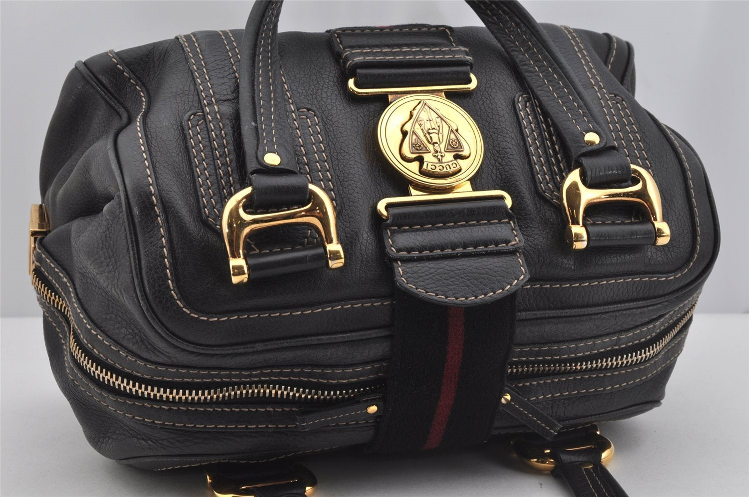 Authentic GUCCI Aviatrix Hysteria Hand Boston Bag Leather 186235 Black 3992J