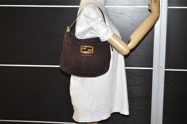 Authentic FENDI Mamma Baguette Shoulder Hand Bag Suede Leather Brown 3994I